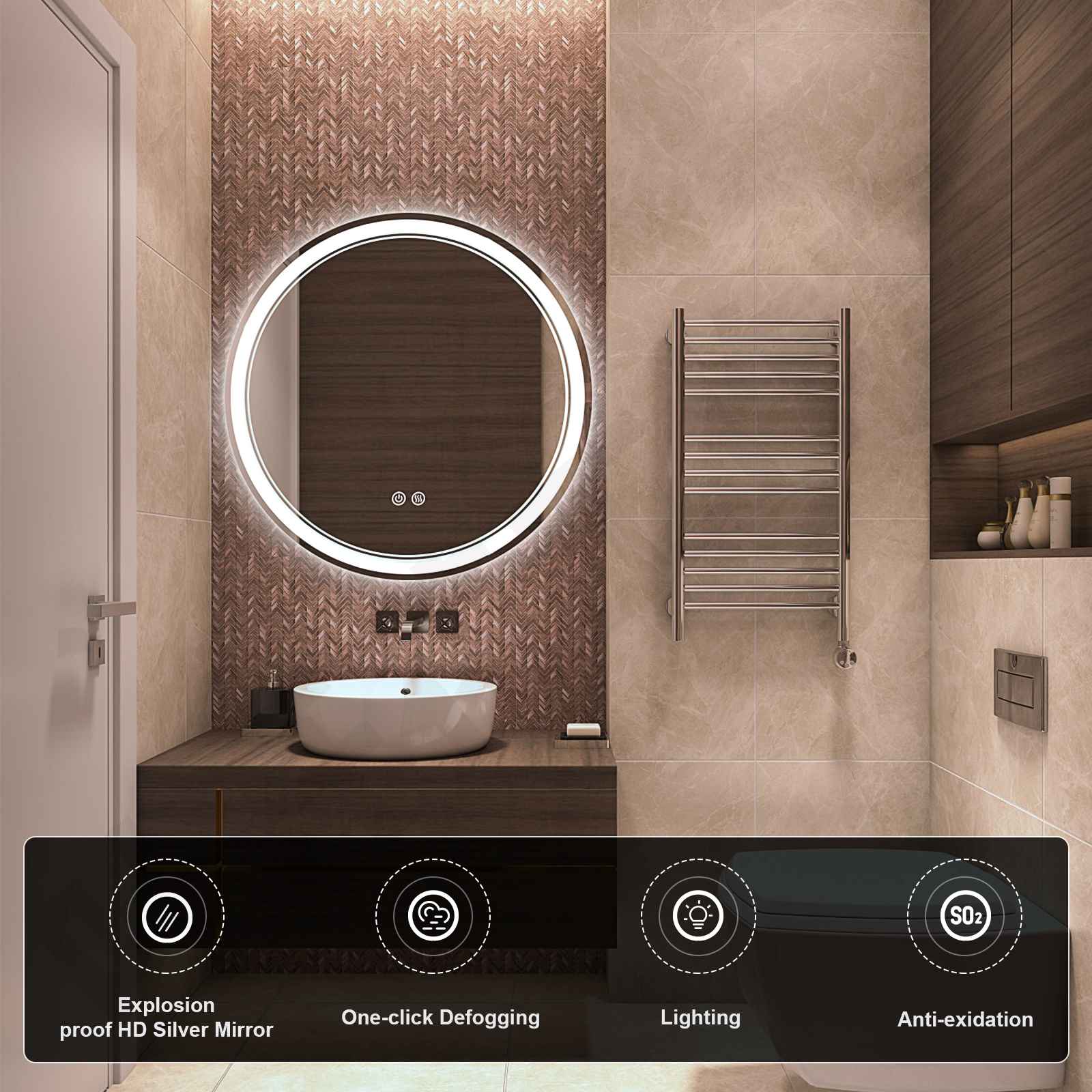 Hot sale Front light +Backlit Decorative Round LED Bathroom Mirror na may maraming function